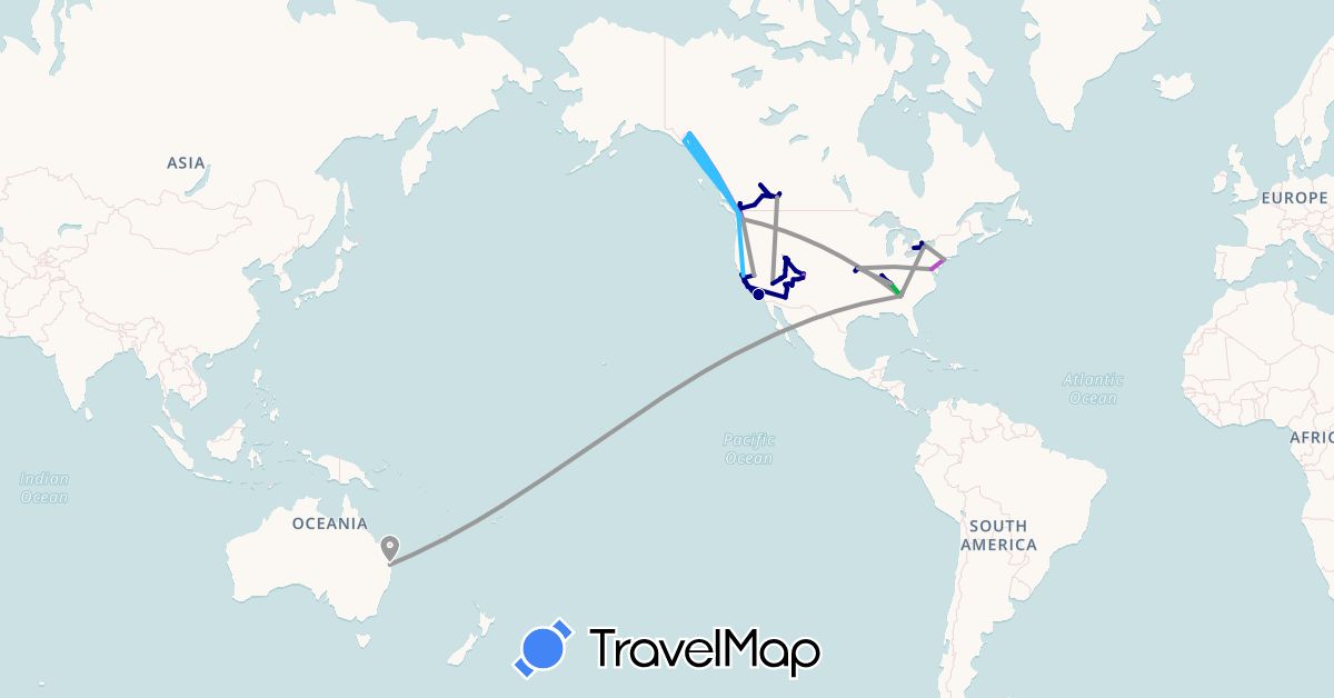 TravelMap itinerary: driving, bus, plane, train, boat in Australia, Canada, United States (North America, Oceania)