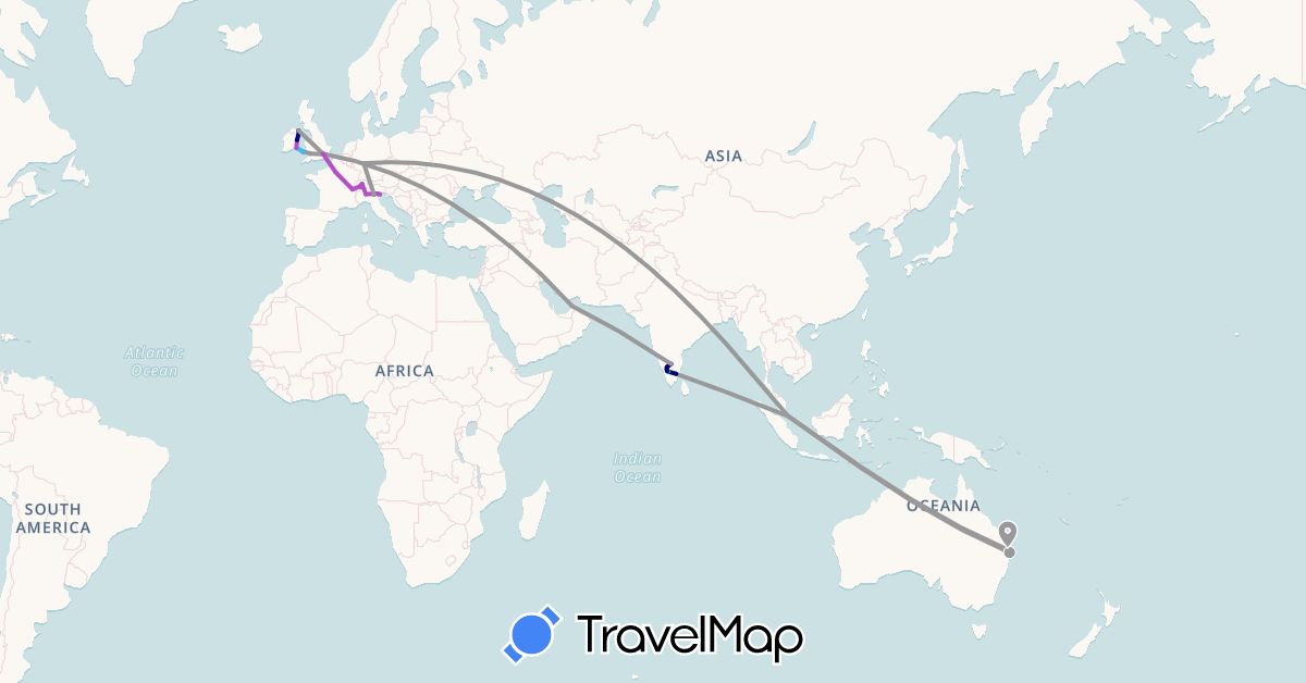 TravelMap itinerary: driving, bus, plane, train, boat in Australia, Switzerland, Germany, France, United Kingdom, Ireland, India, Italy, Singapore (Asia, Europe, Oceania)