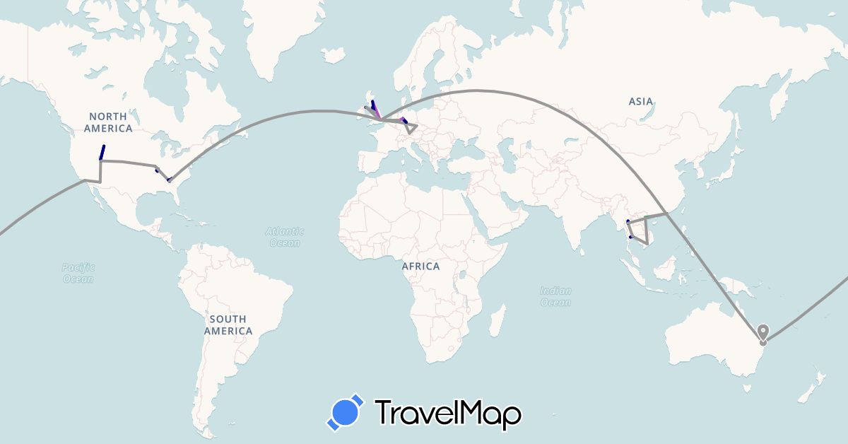 TravelMap itinerary: driving, bus, plane, train, hiking in Australia, China, Czech Republic, Germany, United Kingdom, Thailand, United States, Vietnam (Asia, Europe, North America, Oceania)