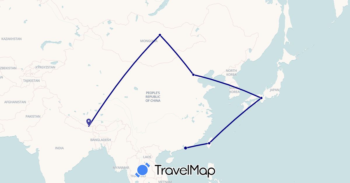 TravelMap itinerary: driving in China, Japan, Mongolia, Nepal, Taiwan (Asia)